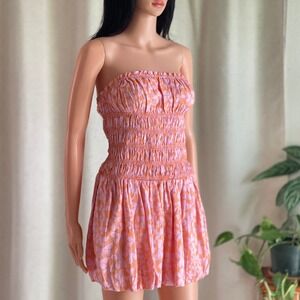 NWT Free People Annalise Mini Dress Coral Smocked Strapless Bubble Hem XS